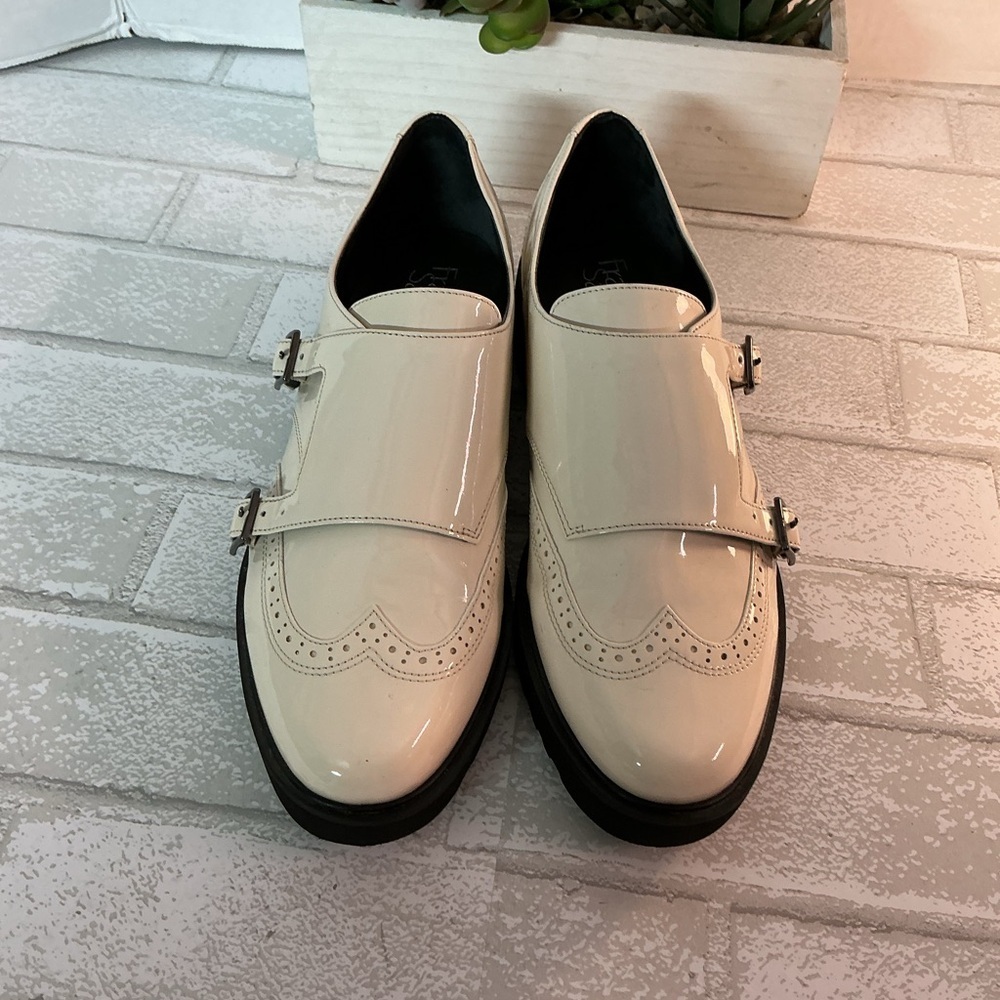 Franco Sarto Cream Patent Loafers with Black Soles - Picture 2 of 6